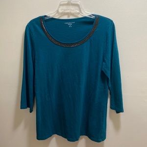 Coldwater Creek teal blouse with beaded neckline in Chevron design